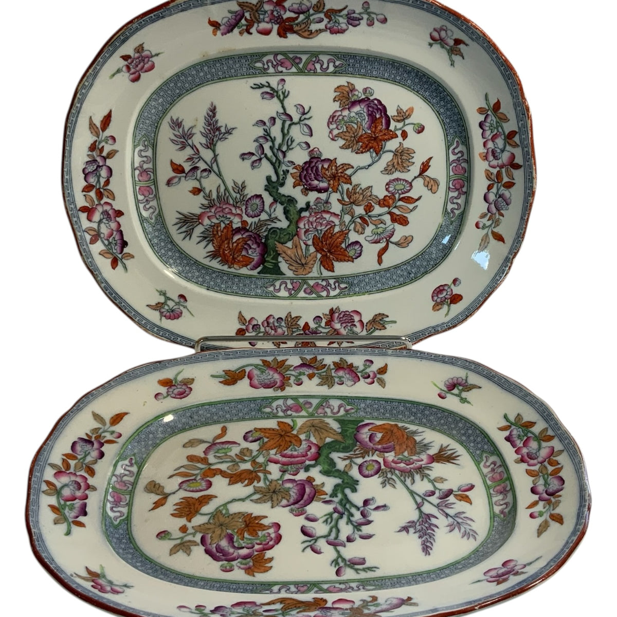 Rare Pair of Antique Minton BB New Stone 11" Oval Serving Platters – Chinoiserie Floral Pattern 41723, c. 1858-1860