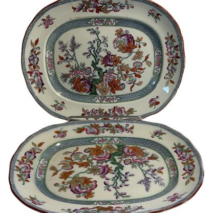 Rare Pair of Antique Minton BB New Stone 11" Oval Serving Platters – Chinoiserie Floral Pattern 41723, c. 1858-1860