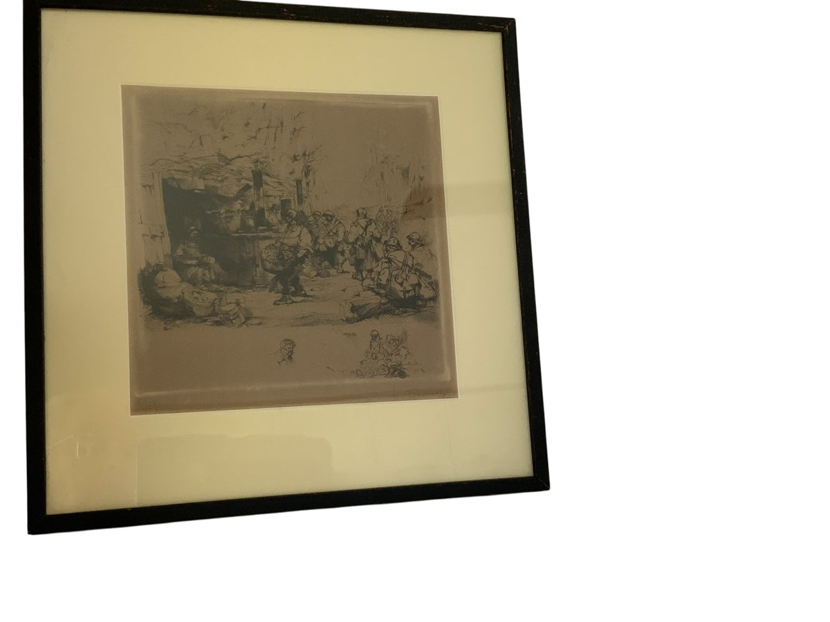 Antique Auguste Brouet (1872-1941) Etching La Cantine des Tranchées (The Trench Canteen) Signed # 60/75 France c.1914-1918