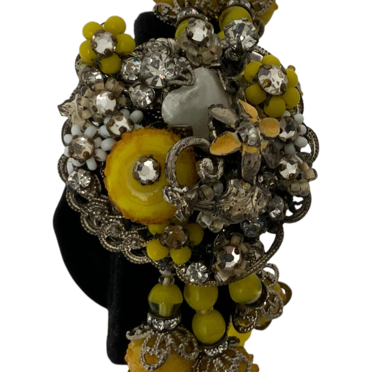 Vintage Original by Robert Yellow Glass Bead Rhinestone 3 pc. Parure Necklace Bracelet Earrings USA c. 1940s–1955