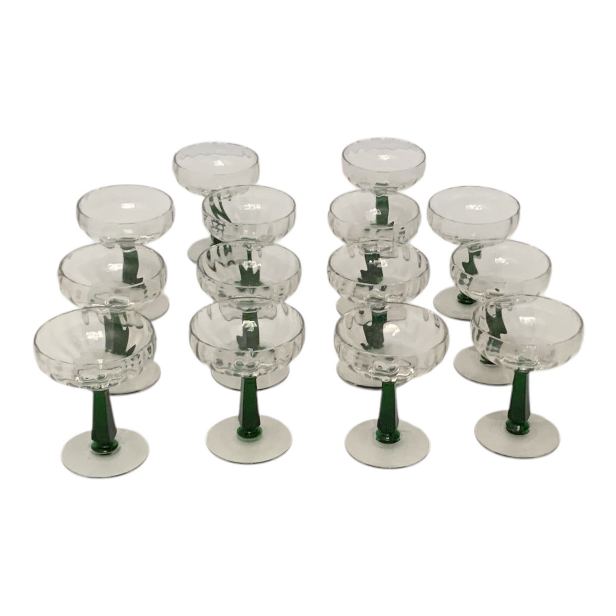 MCM Bryce Holiday Green Stem Champagne Tall Sherbet Glasses Set of 14 USA c. 1950s-1960s Mid Century Modern
