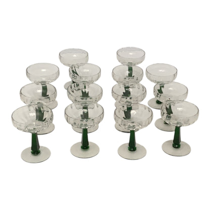 MCM Bryce Holiday Green Stem Champagne Tall Sherbet Glasses Set of 14 USA c. 1950s-1960s Mid Century Modern