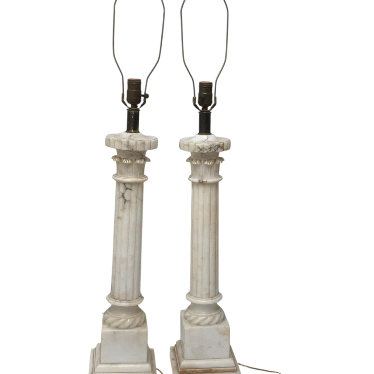 Fine Pair of Vintage Italian Neoclassical Alabaster Column Table Lamps with Laurel Wreath Finials c. Mid-20th Century 1940s-1950s
