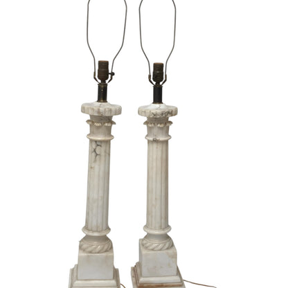 Fine Pair of Vintage Italian Neoclassical Alabaster Column Table Lamps with Laurel Wreath Finials c. Mid-20th Century 1940s-1950s