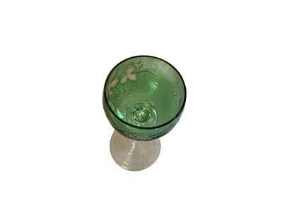 Vintage German Theresienthal Crystal Römer Glass 7.5" Green Cut to Clear Etched Grapes Spun Rib Foot 1950s-1970s