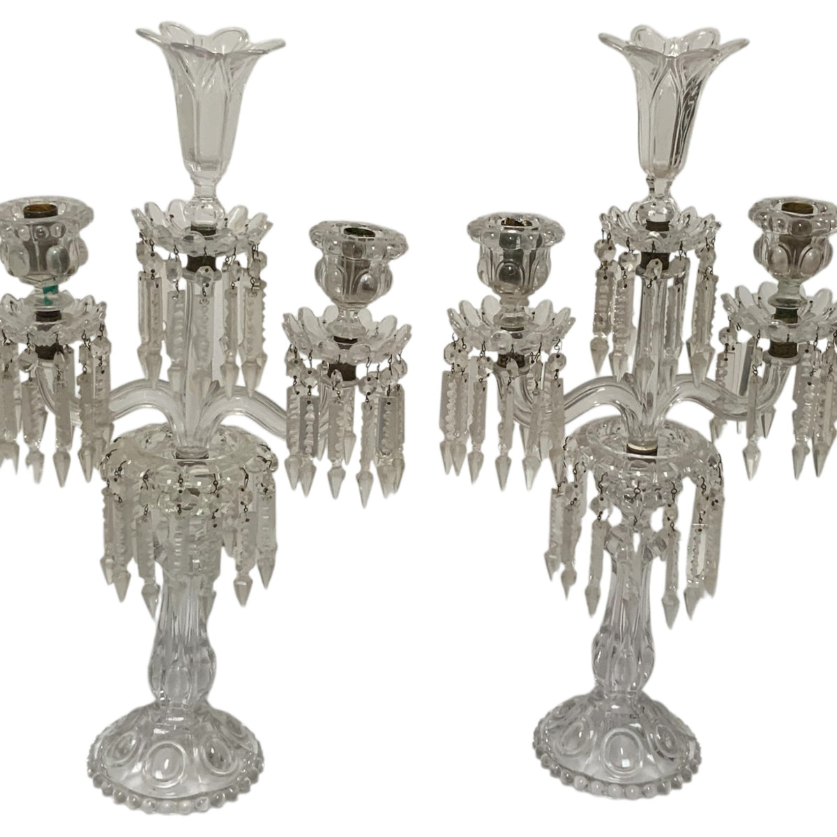 Vintage Pair 14" Modular Crystal 3-Light Candelabras Threaded European Lead Crystal Complete with Prisms