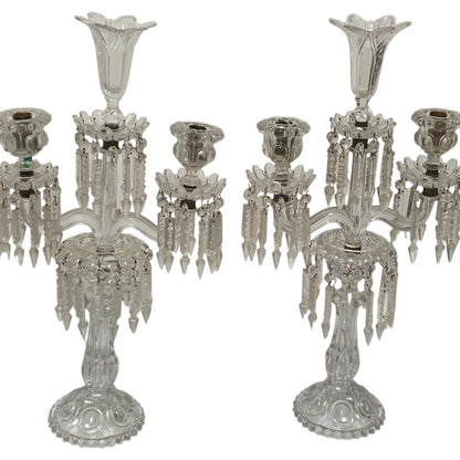 Vintage Pair 14" Modular Crystal 3-Light Candelabras Threaded European Lead Crystal Complete with Prisms