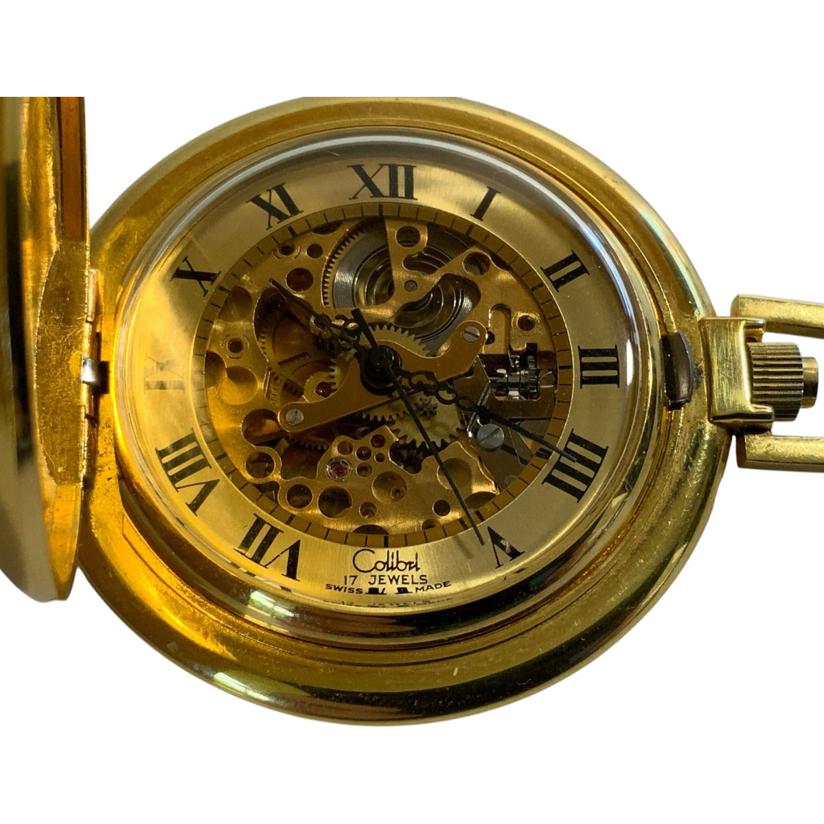 Vintage Colibri 17 Jewel Swiss Mechanical Skeleton Pocket Watch Gold Tone Made USA 1970s-1980s