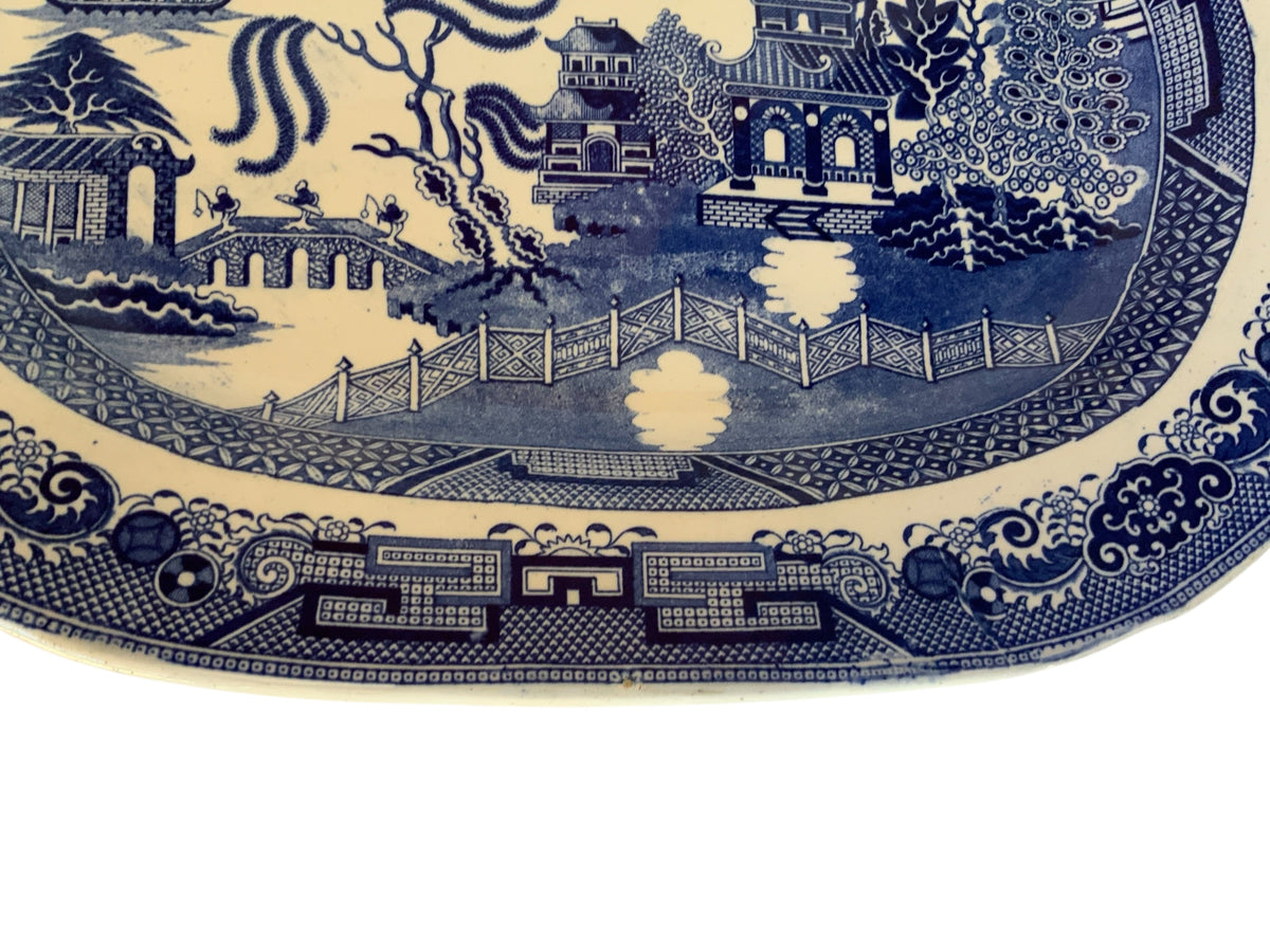 Antique Massive 19.5" Blue Willow Turkey Platter Unmarked Staffordshire English Transferware Flawless England 1830–1860