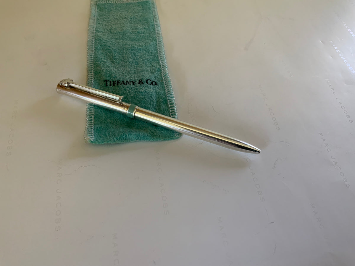 Authentic Tiffany & Co. Sterling Silver T-Clip Ballpoint Pen Tiffany Blue Band 925 w/Pouch Made in Germany 2010s