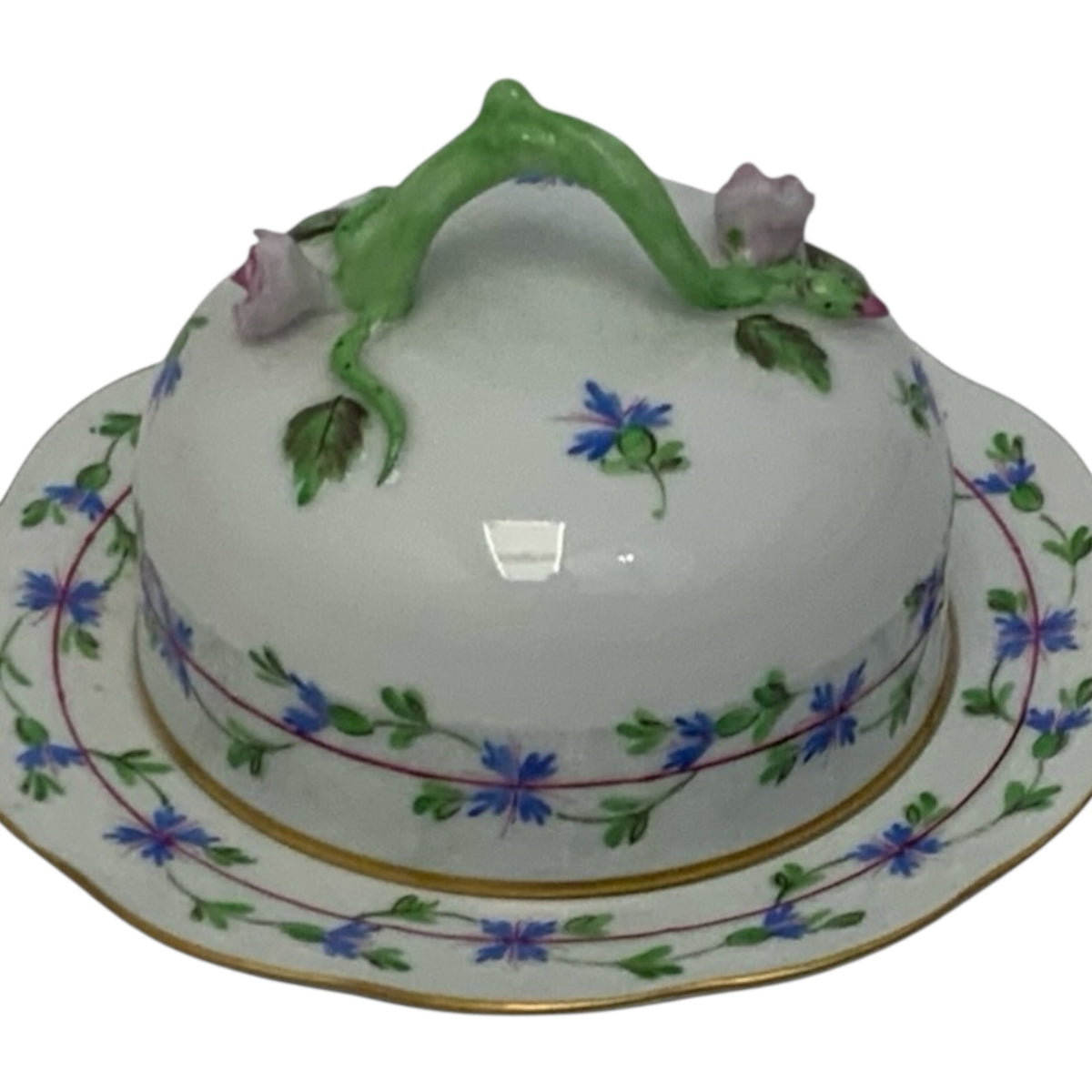 Herend Hungary Blue Garland (PBG) Round Covered Butter Dish with Rosebud Finial c. 1980s