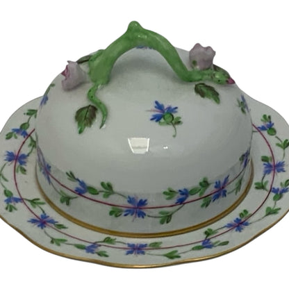 Herend Hungary Blue Garland (PBG) Round Covered Butter Dish with Rosebud Finial c. 1980s
