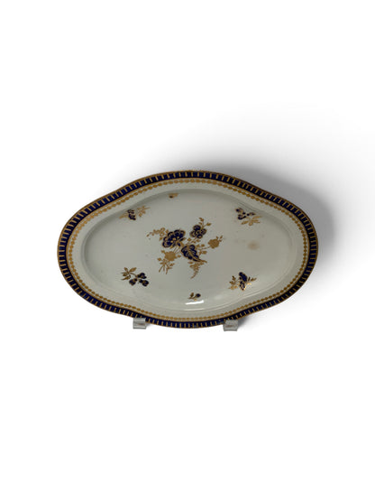 Antique 18th C. Caughley Salopian Porcelain Dresden Flowers 9" Oval Dish England c. 1785–1790