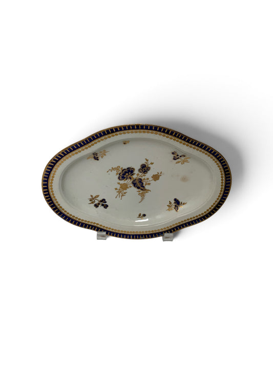 Antique 18th C. Caughley Salopian Porcelain Dresden Flowers 9" Oval Dish England c. 1785–1790