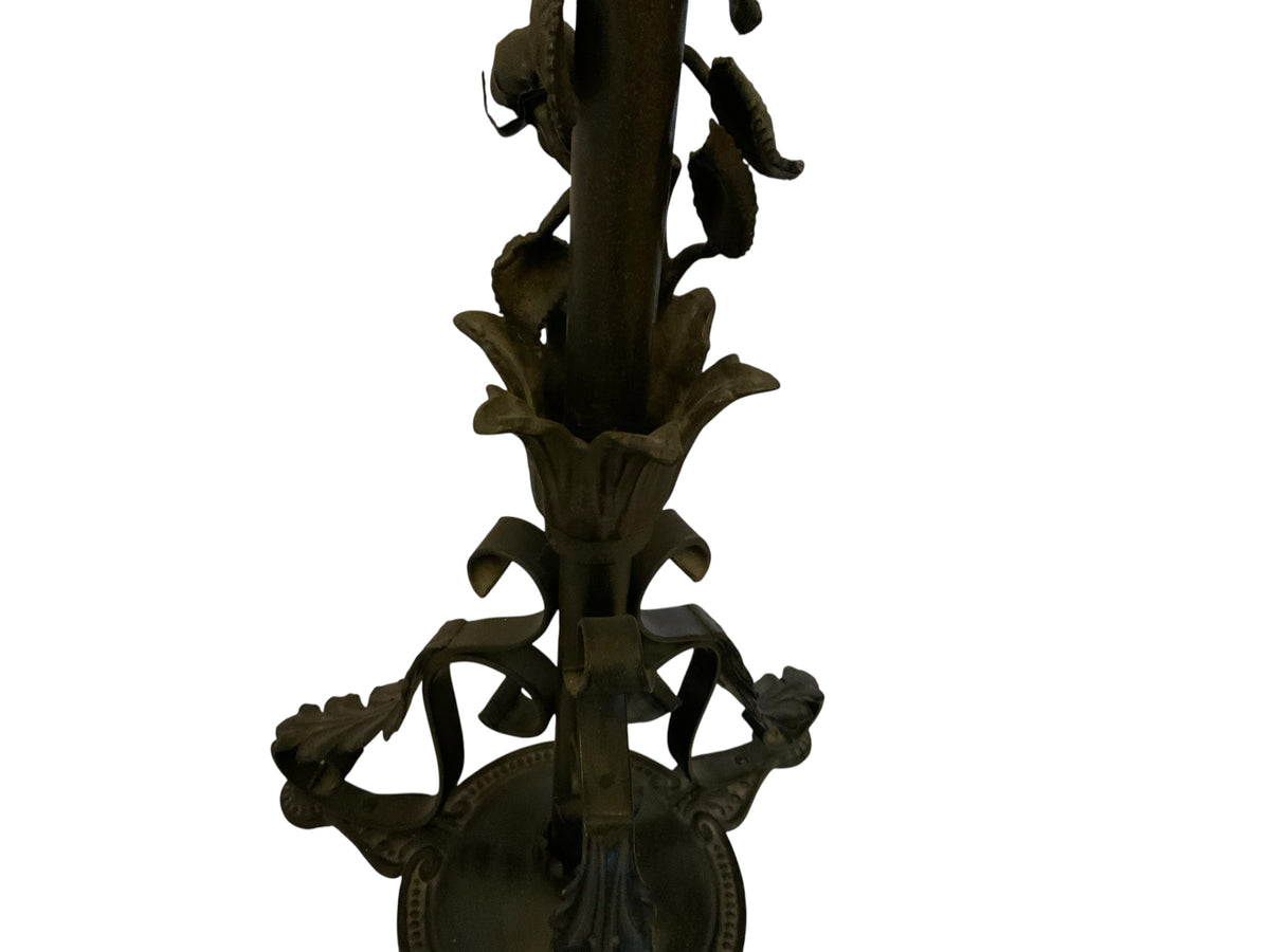 Vintage 1920s Spanish Revival Wrought Iron Bridge Floor Lamp with Ruffled Sunset Art Glass Shade Adjustable 55" - 67" 1920s-1930s