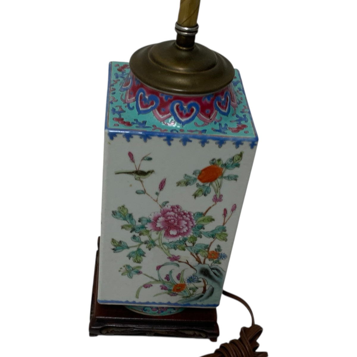 Antique Chinese Republic Period Famille Rose Four Seasons Porcelain Lamp Pagoda Shade Celluloid Rose Finial c1920s-1930s