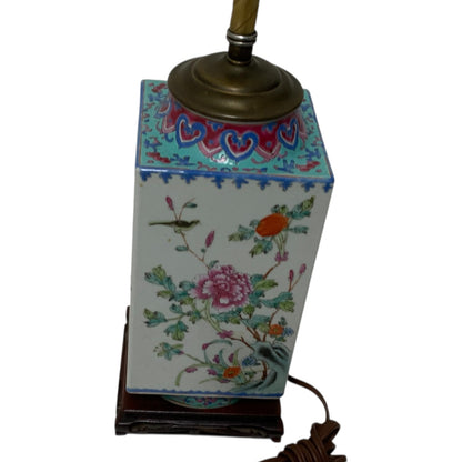 Antique Chinese Republic Period Famille Rose Four Seasons Porcelain Lamp Pagoda Shade Celluloid Rose Finial c1920s-1930s