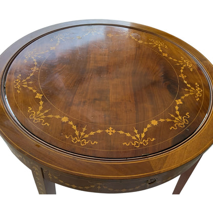 Antique Rare English Sheraton Revival Mahogany & Marquetry Circular Pivoting-Center Games Table 19th Century
