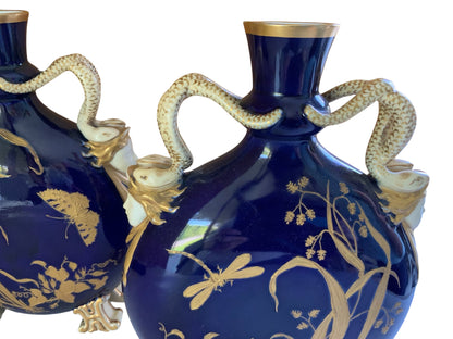 Pair Antique Grainger Cobalt Blue Porcelain Moon Pilgrim Flasks Snake Handles c. 1880 Gilt Vases Made in England