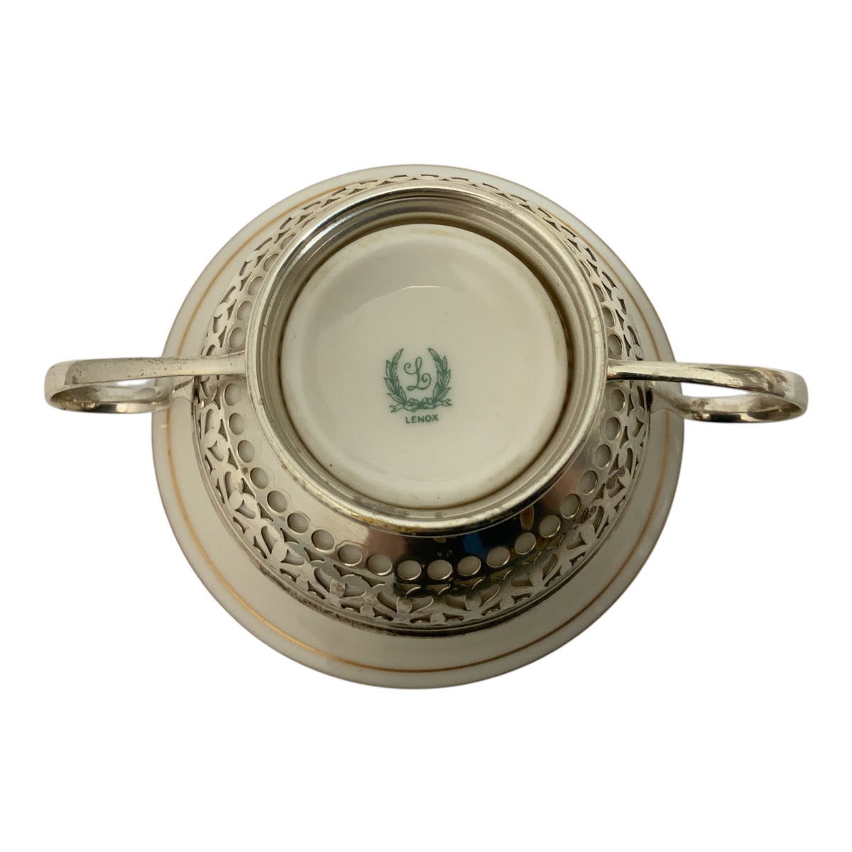Antique Set of 12 Gorham Sterling Silver Pierced Bouillon Cup Holders with Lenox Porcelain Liners America 1900-1920