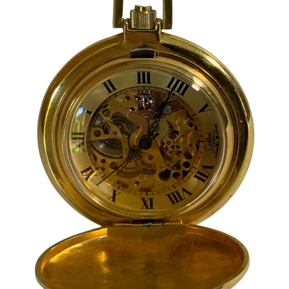 Vintage Colibri 17 Jewel Swiss Mechanical Skeleton Pocket Watch Gold Tone Made USA 1970s-1980s