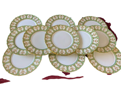 Antique Royal Doulton Robert Allen Dinner Plates Mint Green Gold Gilt 10” Set of 12 (Dated 1916/1925)