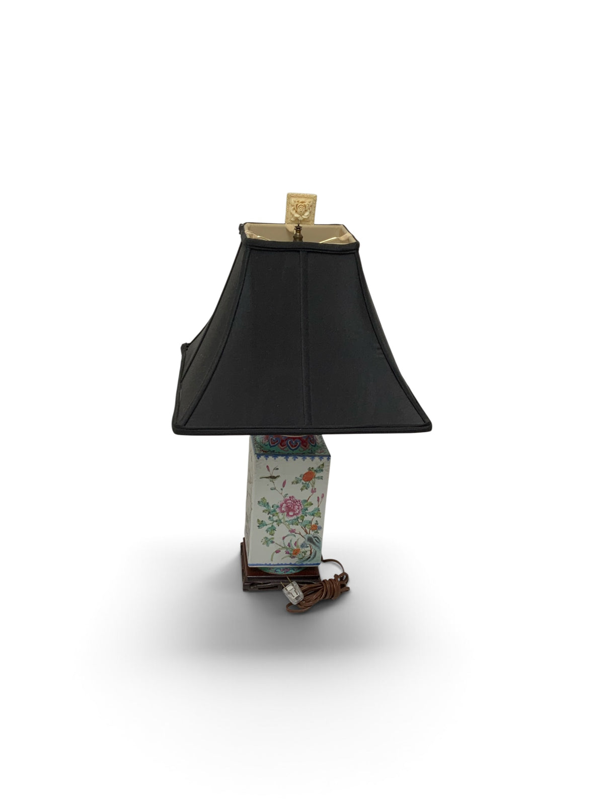 Antique Chinese Republic Period Famille Rose Four Seasons Porcelain Lamp Pagoda Shade Celluloid Rose Finial c1920s-1930s