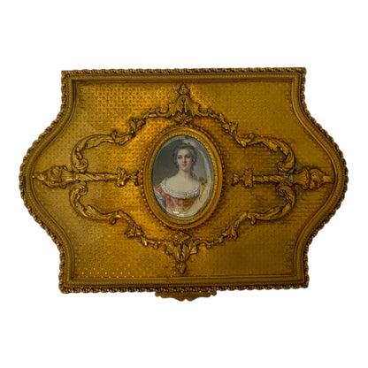 Antique French Gilt Metal Rococo Revival Jewelry Casket with Portrait Miniature France c. 1890–1920