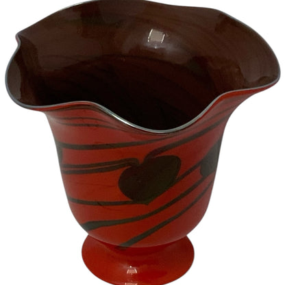 Vintage Hand Blown Studio Art Cased Glass Heart & Vine Ruffled Applied Bottom Vessel c. 1970s