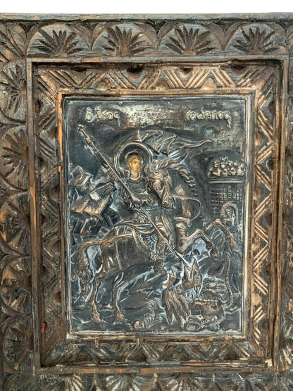 Vintage Theologs Greek Byzantine Icon Saint George 950 Silver Carved Wood Frame Certificate 1993
