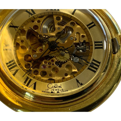 Vintage Colibri 17 Jewel Swiss Mechanical Skeleton Pocket Watch Gold Tone Made USA 1970s-1980s