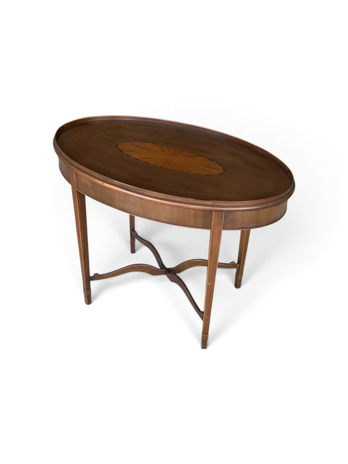 Antique English Edwardian Mahogany & Satinwood Marquetry Oval Occasional Table England c. 1900