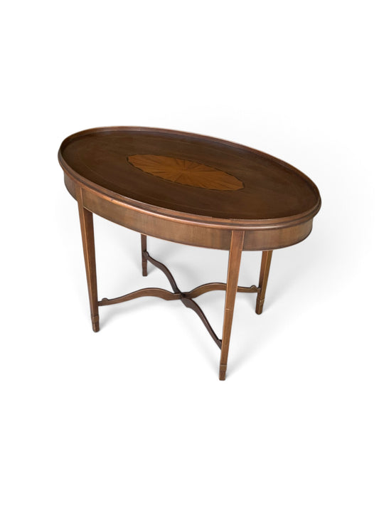 Antique English Edwardian Mahogany & Satinwood Marquetry Oval Occasional Table England c. 1900