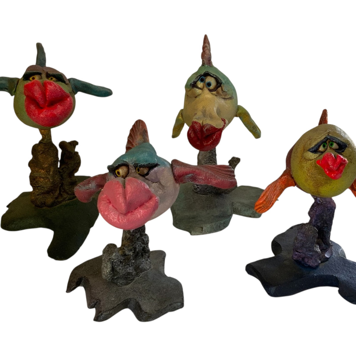 Vintage Steven Lee Smeltzer Set of 4 Signed Fish Fantastico Stoneware Sculptures Maui 1980s-1990s