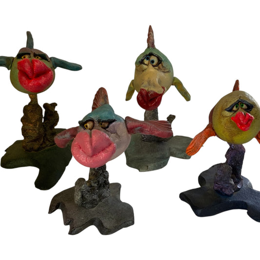 Vintage Steven Lee Smeltzer Set of 4 Signed Fish Fantastico Stoneware Sculptures Maui 1980s-1990s