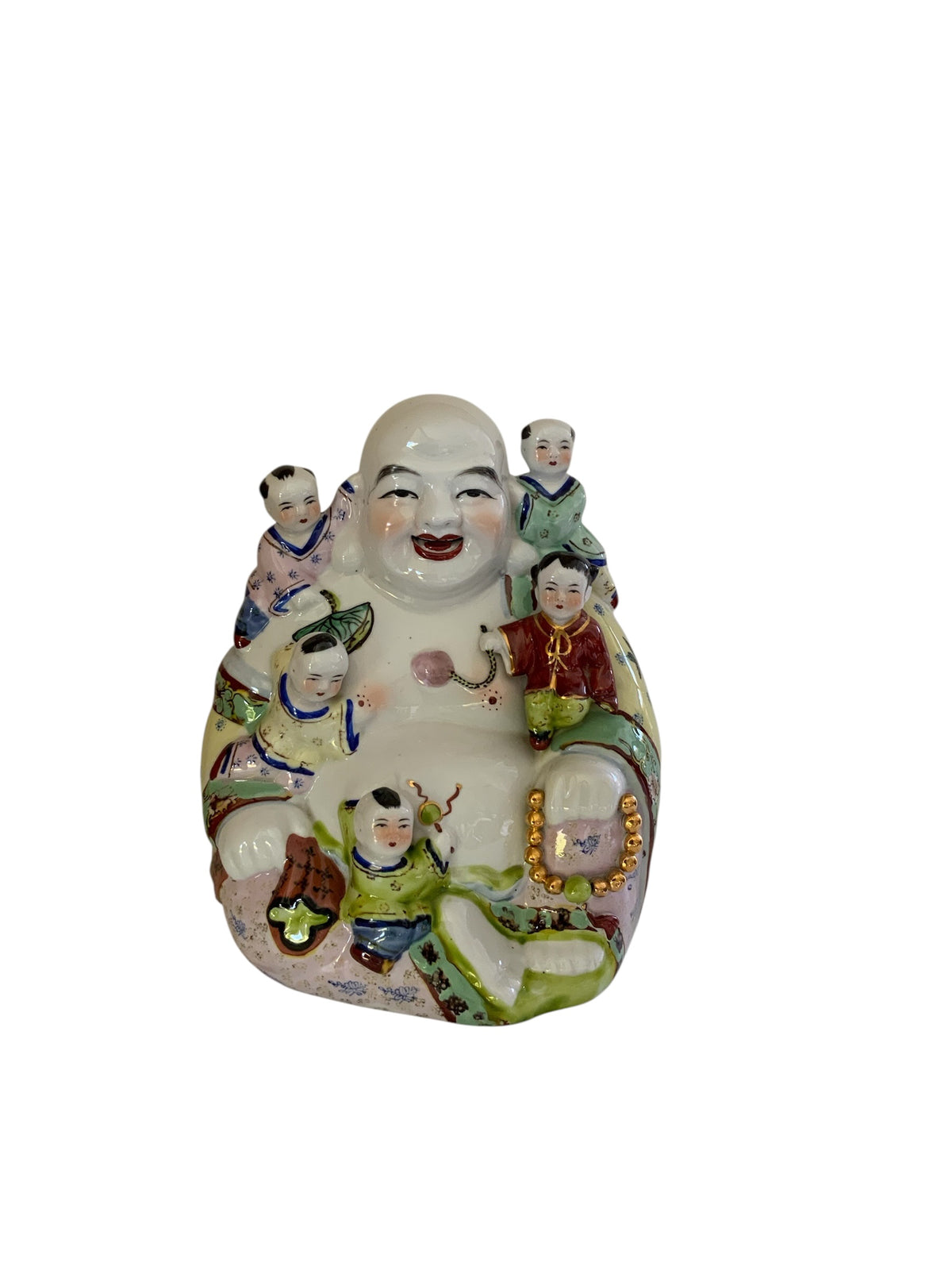 Large Vintage Chinese Famille Rose Porcelain 11.25" Laughing Buddha 5 Children Statue China 1960s-1980s