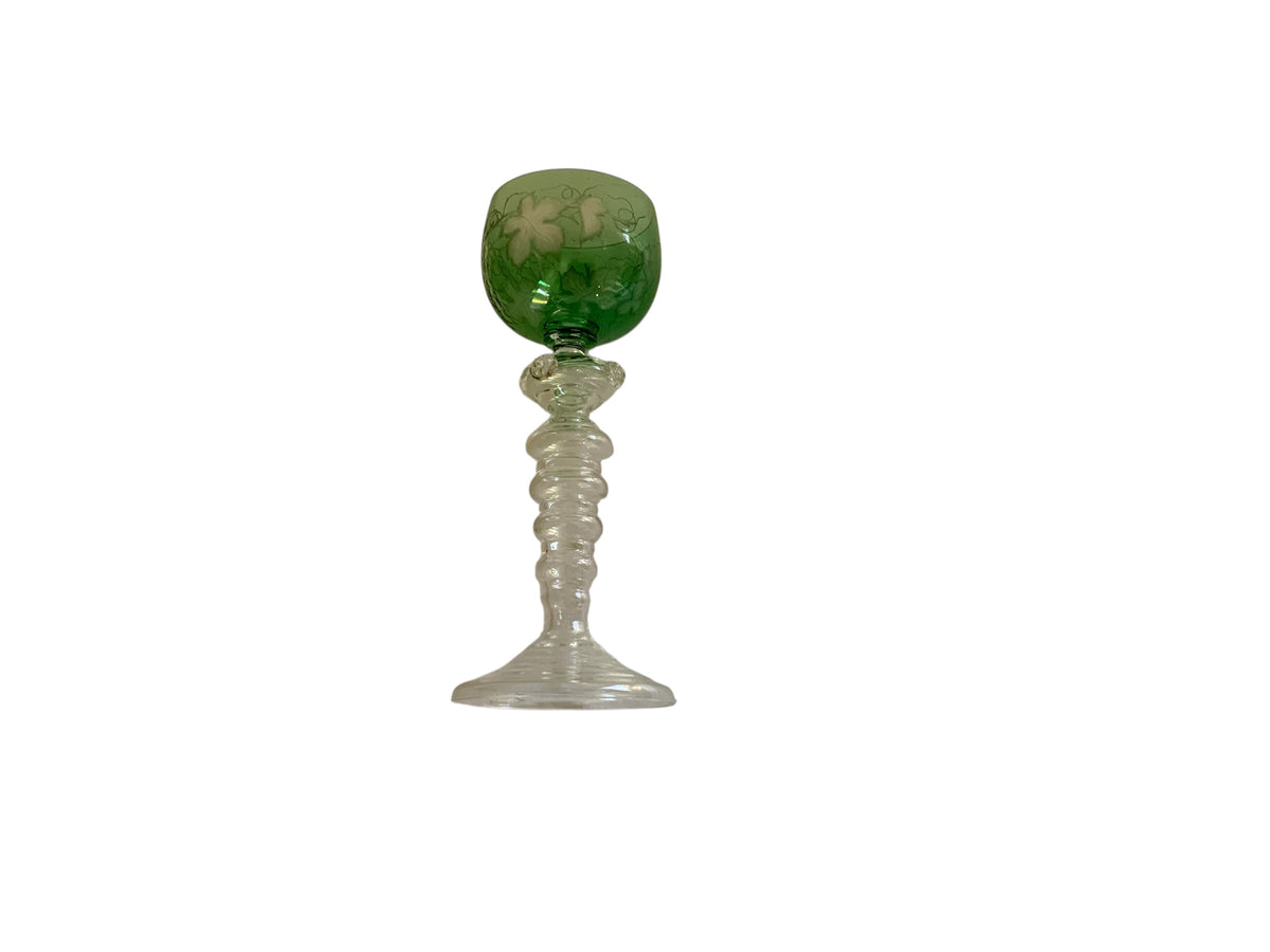 Vintage German Theresienthal Crystal Römer Glass 7.5" Green Cut to Clear Etched Grapes Spun Rib Foot 1950s-1970s