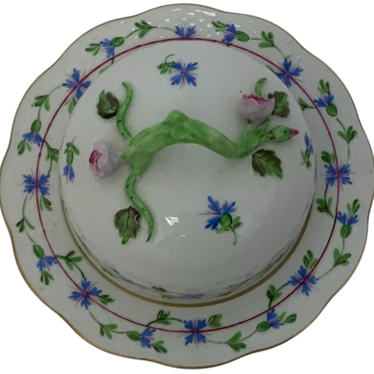 Herend Hungary Blue Garland (PBG) Round Covered Butter Dish with Rosebud Finial c. 1980s