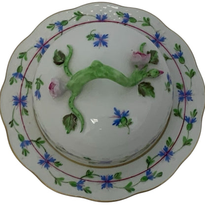 Herend Hungary Blue Garland (PBG) Round Covered Butter Dish with Rosebud Finial c. 1980s