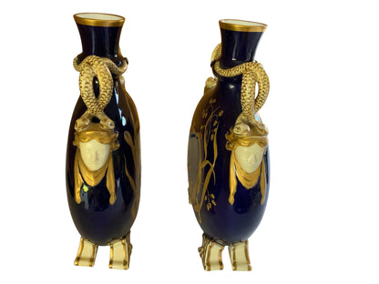 Pair Antique Grainger Cobalt Blue Porcelain Moon Pilgrim Flasks Snake Handles c. 1880 Gilt Vases Made in England