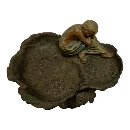 French Art Nouveau Cast Iron Figural Poppy Blossom Centerpiece with Resting Maiden c. 1900