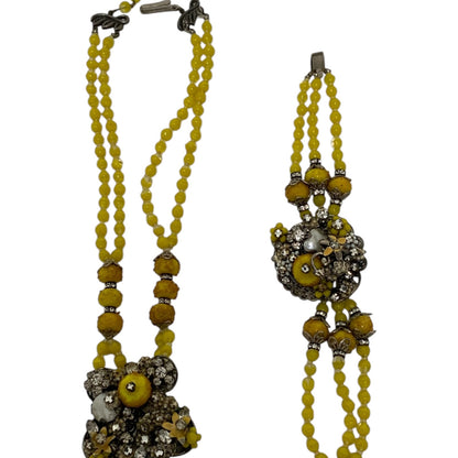 Vintage Original by Robert Yellow Glass Bead Rhinestone 3 pc. Parure Necklace Bracelet Earrings USA c. 1940s–1955