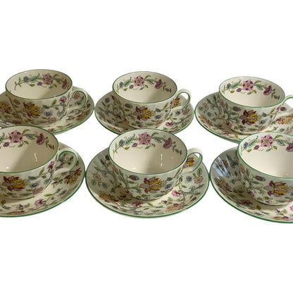 Vintage Minton Haddon Hall Flat Cup & Saucer Set of 6 Fine Bone China Green Trim England 1948-2011