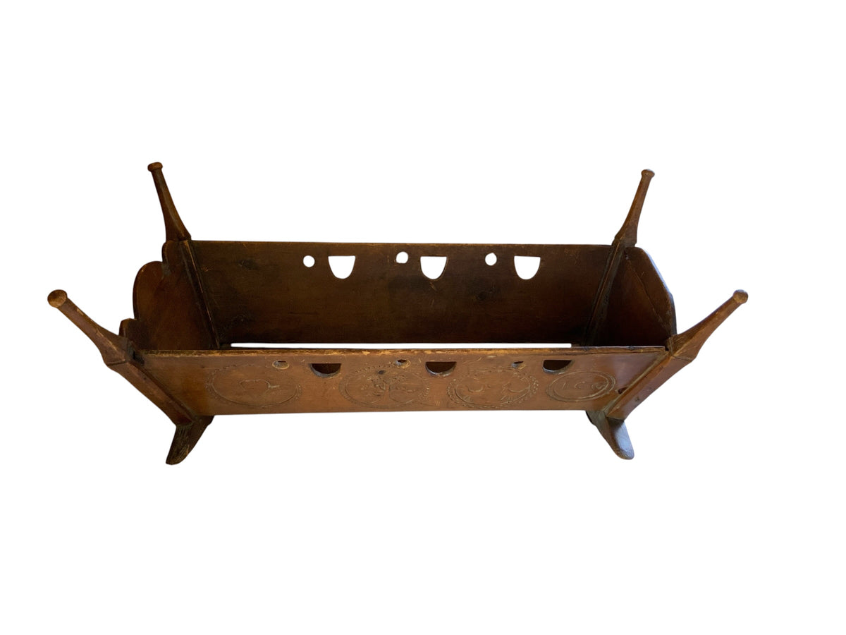 Antique 19th C European Folk Art Rocking Cradle Hand Carved Wood Catholic Iconography and Monogram