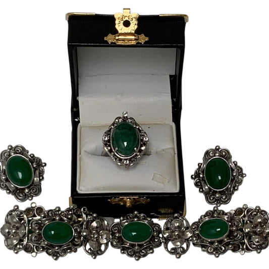 Antique Fratelli Peruzzi Florence 800 Silver Green Onyx Jewelry Suite Bracelet Earrings Ring Italy c. 1920s-1930s
