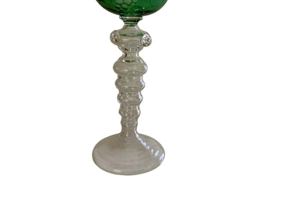 Vintage German Theresienthal Crystal Römer Glass 7.5" Green Cut to Clear Etched Grapes Spun Rib Foot 1950s-1970s
