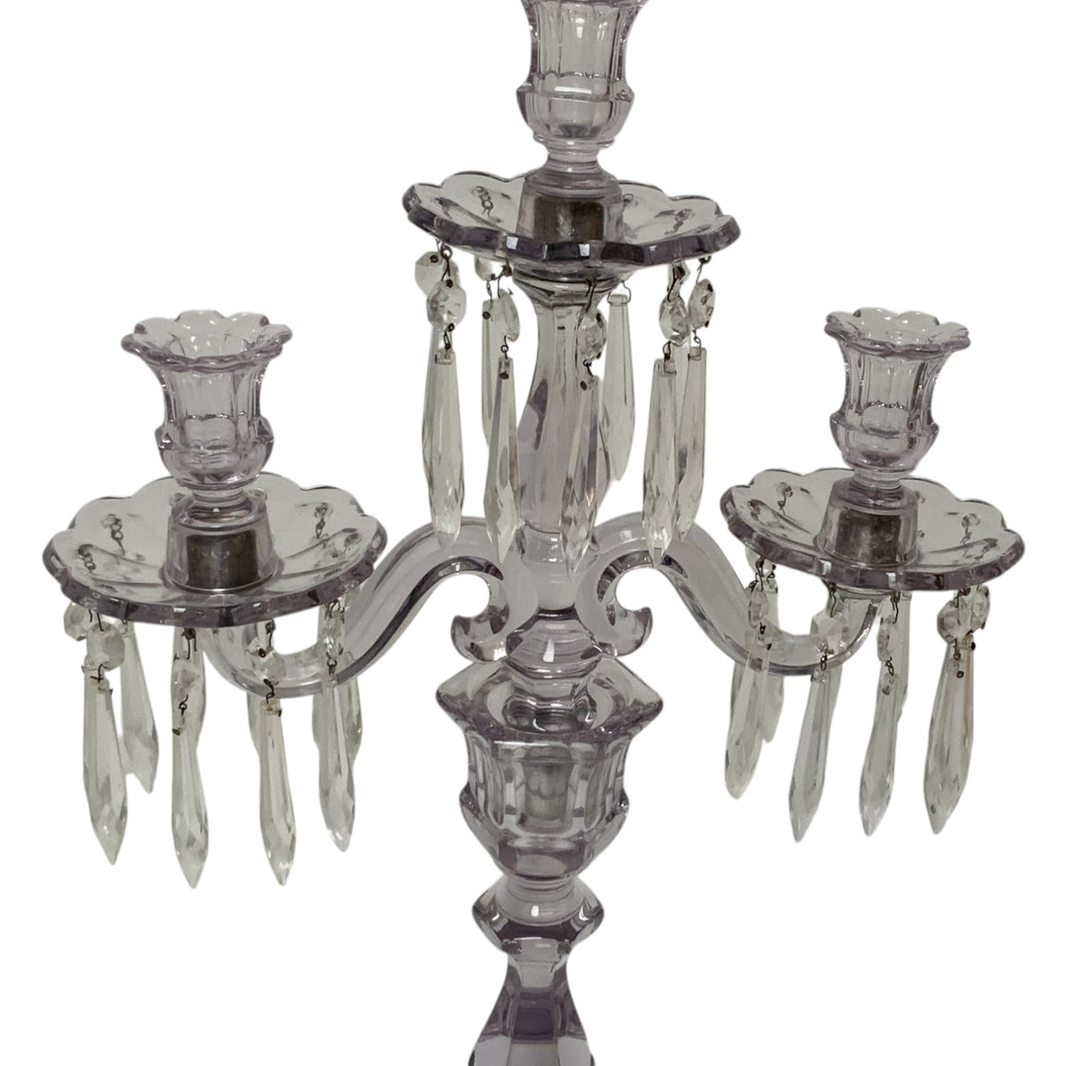 Antique Heisey Glass Puritan 3-Light Candelabra #300 Complete Prisms Sun Purple Tint c.1904-1915