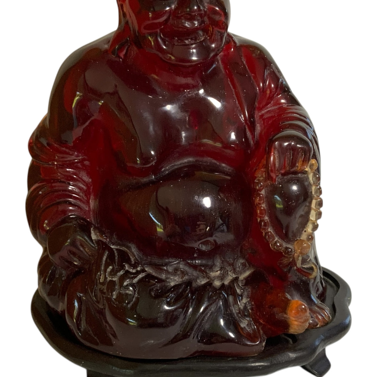 Vintage Mid-Century Large Translucent Red Resin Laughing Buddha Statue on Carved Wood Base China c. 1960s