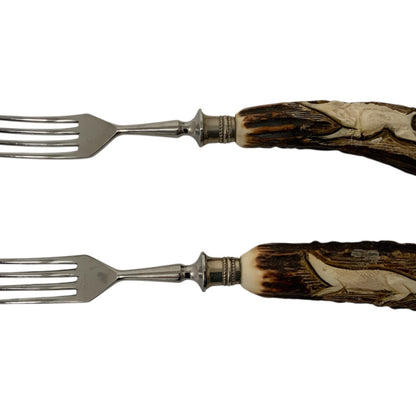 Vintage German Hand-Carved Stag Antler Hunting Dinner Forks Set of 8 c. 1950-1970