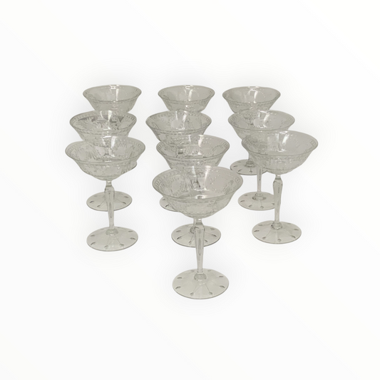 Vintage Set of 10 Crystal Champagne Coupe Tall Sherbet Elaborate Cut & Laurel Decoration USA 1930s-1950s